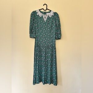 Green Floral Lace-Trim Midi Dress